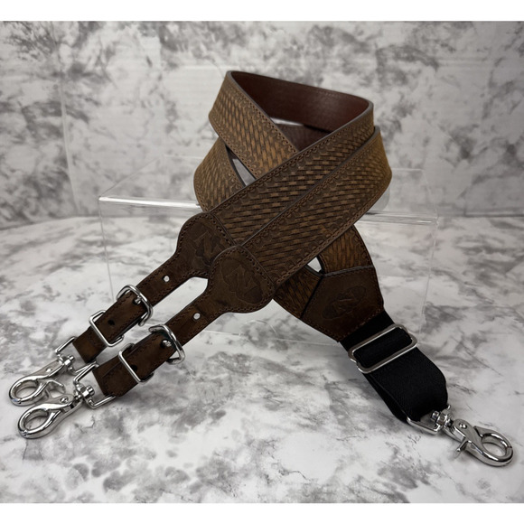 Nocona Mens Brown Leather Suspenders Western Basket Weave Embossed